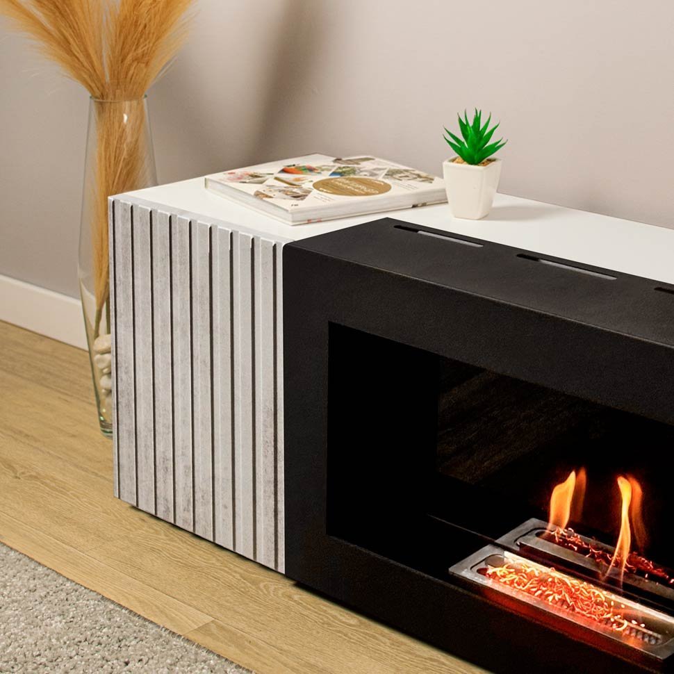 Тумба под ТВ с биокамином SteelHeat IMOLA IMPULSE 140 см (корпус белый / фасады серый бетон) 