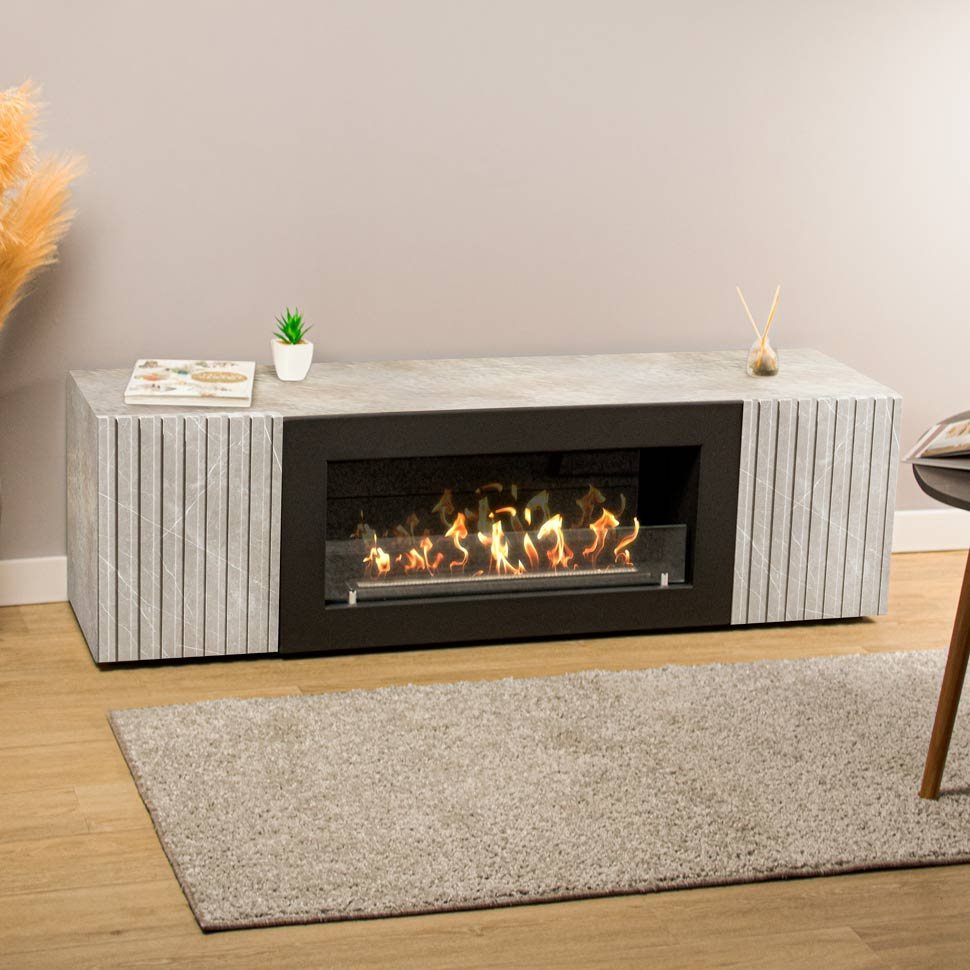 Тумба под ТВ с биокамином SteelHeat LIVORNO IMPULSE 140 см (корпус серый бетон / фасады мрамор) 