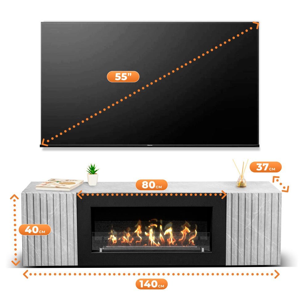Тумба под ТВ с биокамином SteelHeat LIVORNO IMPULSE 140 см (корпус серый бетон / фасады мрамор) 