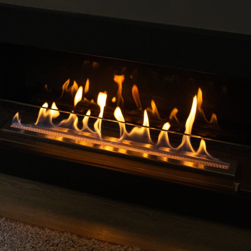 Тумба под ТВ с биокамином SteelHeat LIVORNO IMPULSE 140 см (корпус серый бетон / фасады мрамор) 