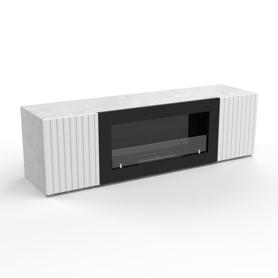 Тумба под ТВ с биокамином SteelHeat LIVORNO IMPULSE 140 см (корпус серый бетон / фасады белый) 