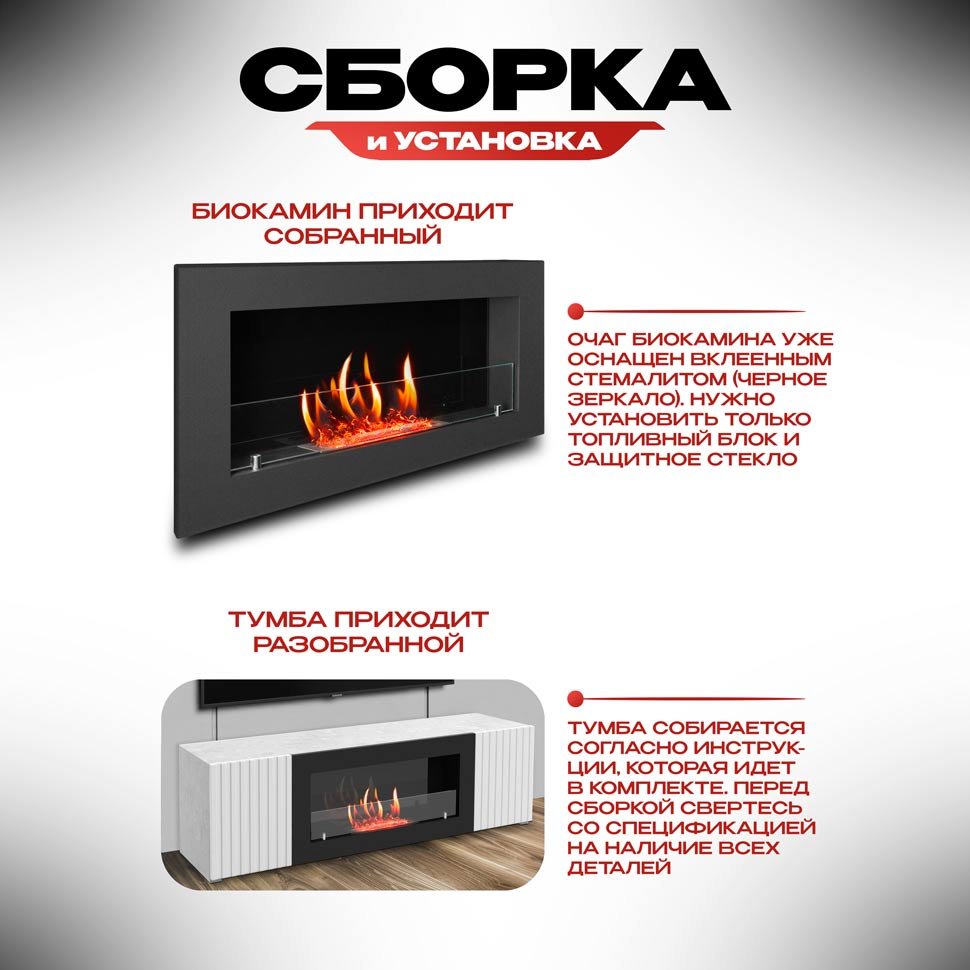 Тумба под ТВ с биокамином SteelHeat LIVORNO IMPULSE 140 см (корпус серый бетон / фасады белый) 