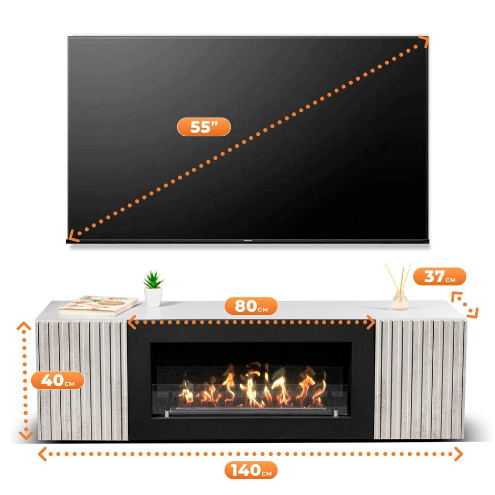 Тумба под ТВ с биокамином SteelHeat LIVORNO IMPULSE 140 см (корпус белый / фасады серый бетон) 