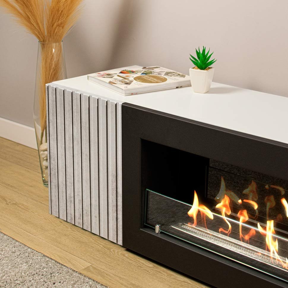 Тумба под ТВ с биокамином SteelHeat LIVORNO IMPULSE 140 см (корпус белый / фасады серый бетон) 