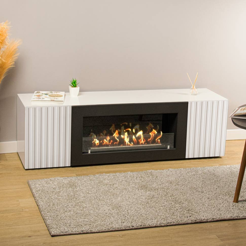 Тумба под ТВ с биокамином SteelHeat LIVORNO IMPULSE 140 см (корпус белый / фасады белый) 