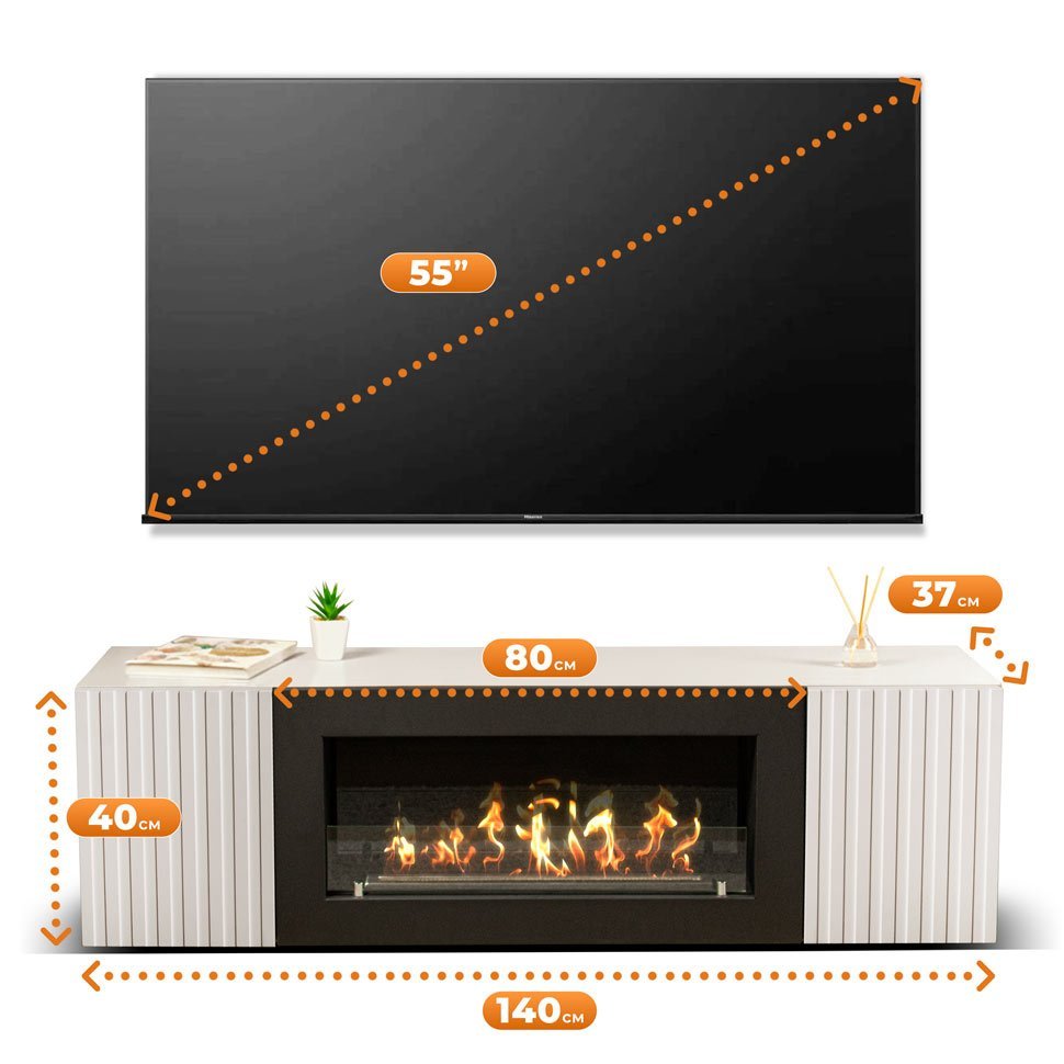 Тумба под ТВ с биокамином SteelHeat LIVORNO IMPULSE 140 см (корпус белый / фасады белый) 
