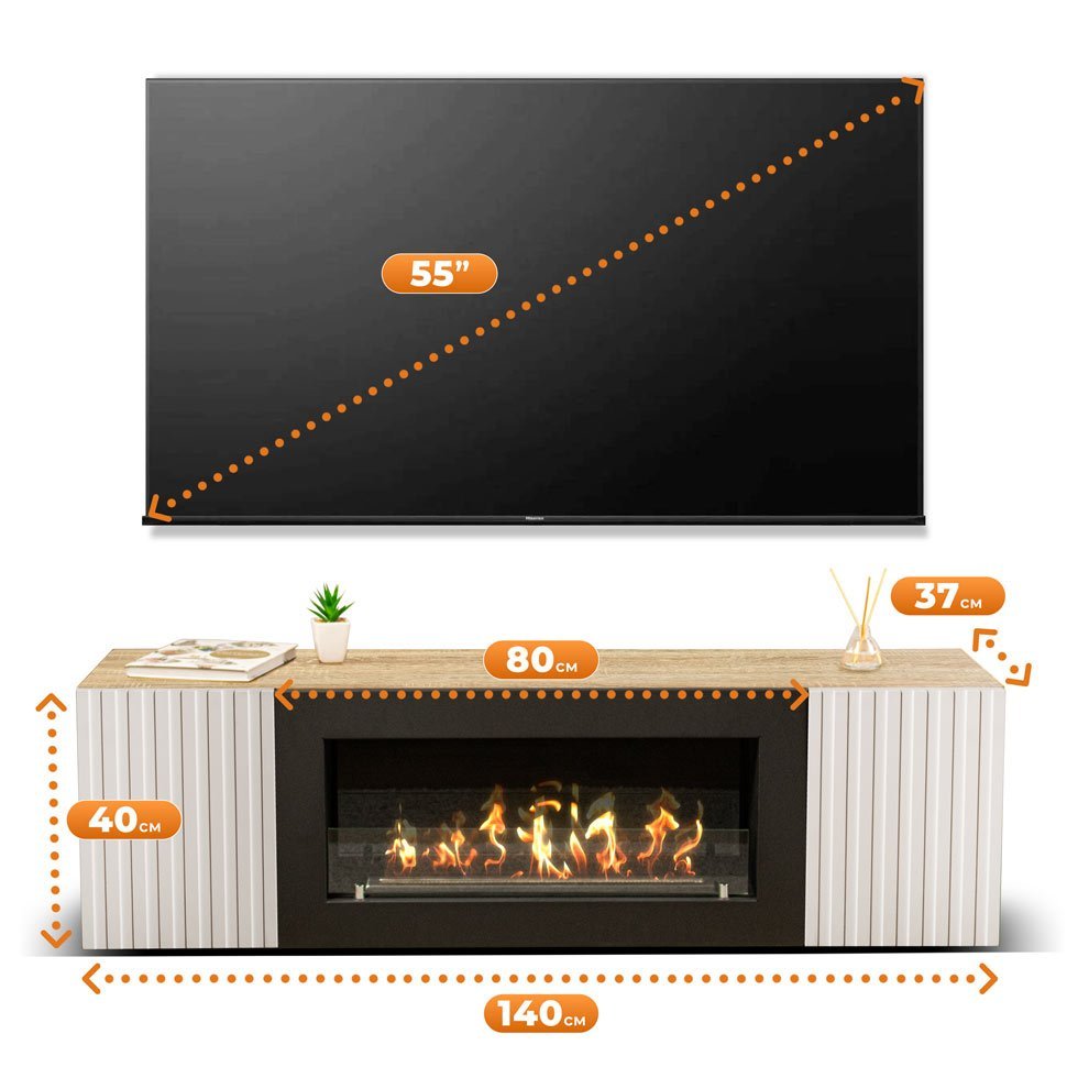 Тумба под ТВ с биокамином SteelHeat LIVORNO IMPULSE 140 см (корпус дуб Сонома / фасады белый) 