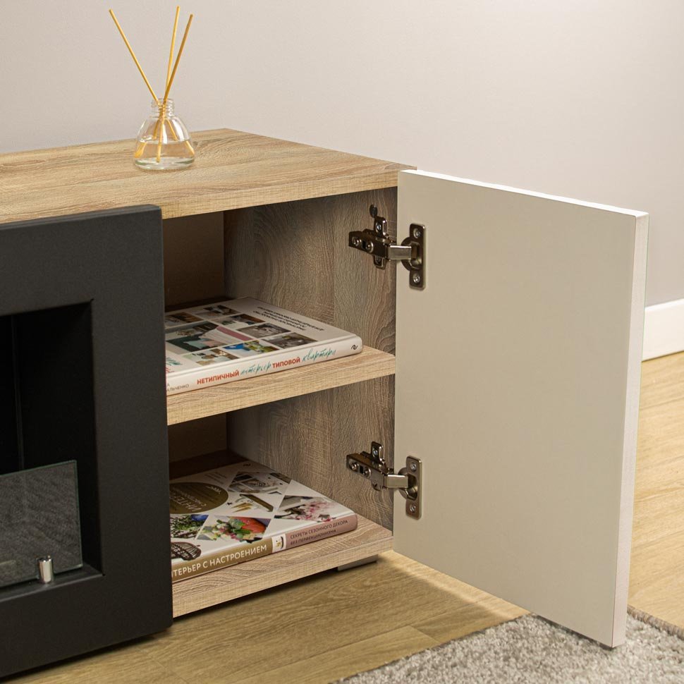 Тумба под ТВ с биокамином SteelHeat LIVORNO IMPULSE 140 см (корпус дуб Сонома / фасады белый) 