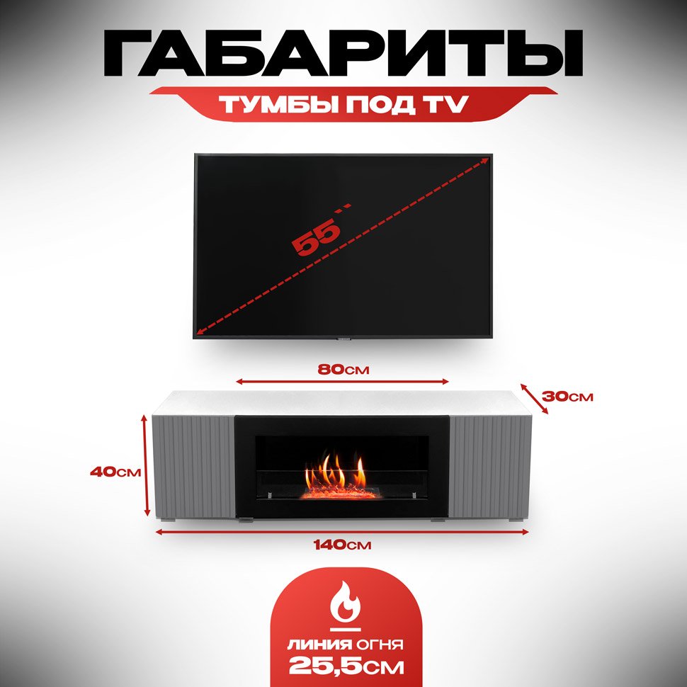 Тумба под ТВ с биокамином SteelHeat LIVORNO IMPULSE 140 см (корпус белый / фасады гротто гранит) 