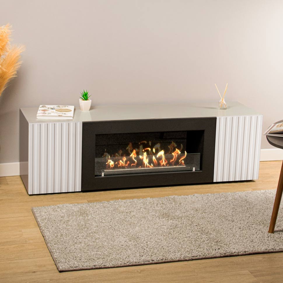 Тумба под ТВ с биокамином SteelHeat LIVORNO IMPULSE 140 см (корпус серый / фасады белый) 