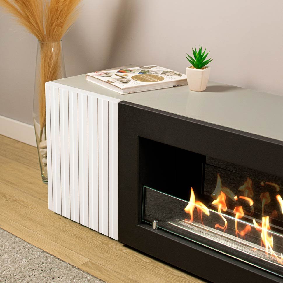 Тумба под ТВ с биокамином SteelHeat LIVORNO IMPULSE 140 см (корпус серый / фасады белый) 