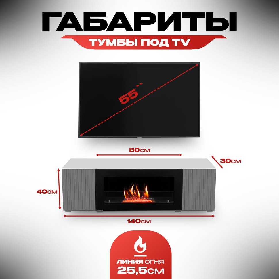 Тумба под ТВ с биокамином SteelHeat LIVORNO IMPULSE 140 см (корпус серый / фасады гротто гранит) 