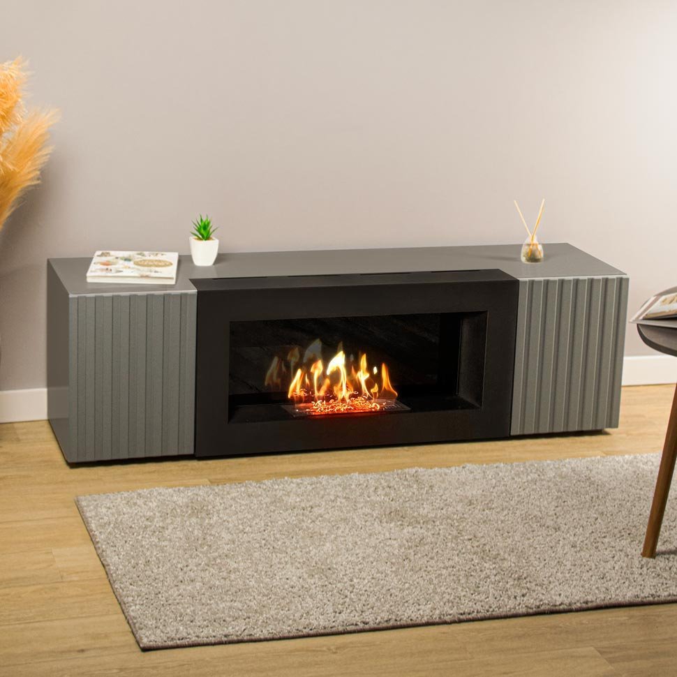 Тумба под ТВ с биокамином SteelHeat IMOLA IMPULSE 140 см (корпус Графит / фасады Гротто Гранит) 