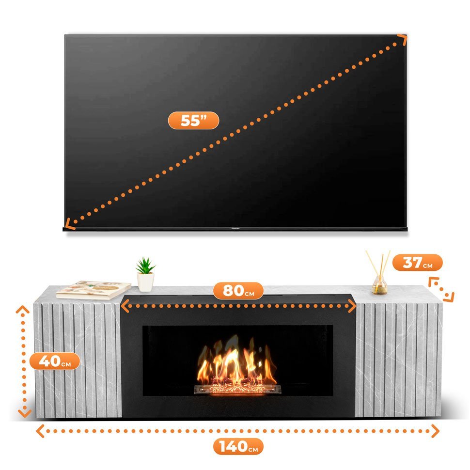 Тумба под ТВ с биокамином SteelHeat IMOLA IMPULSE 140 см (корпус Серый бетон / фасады Мрамор) 