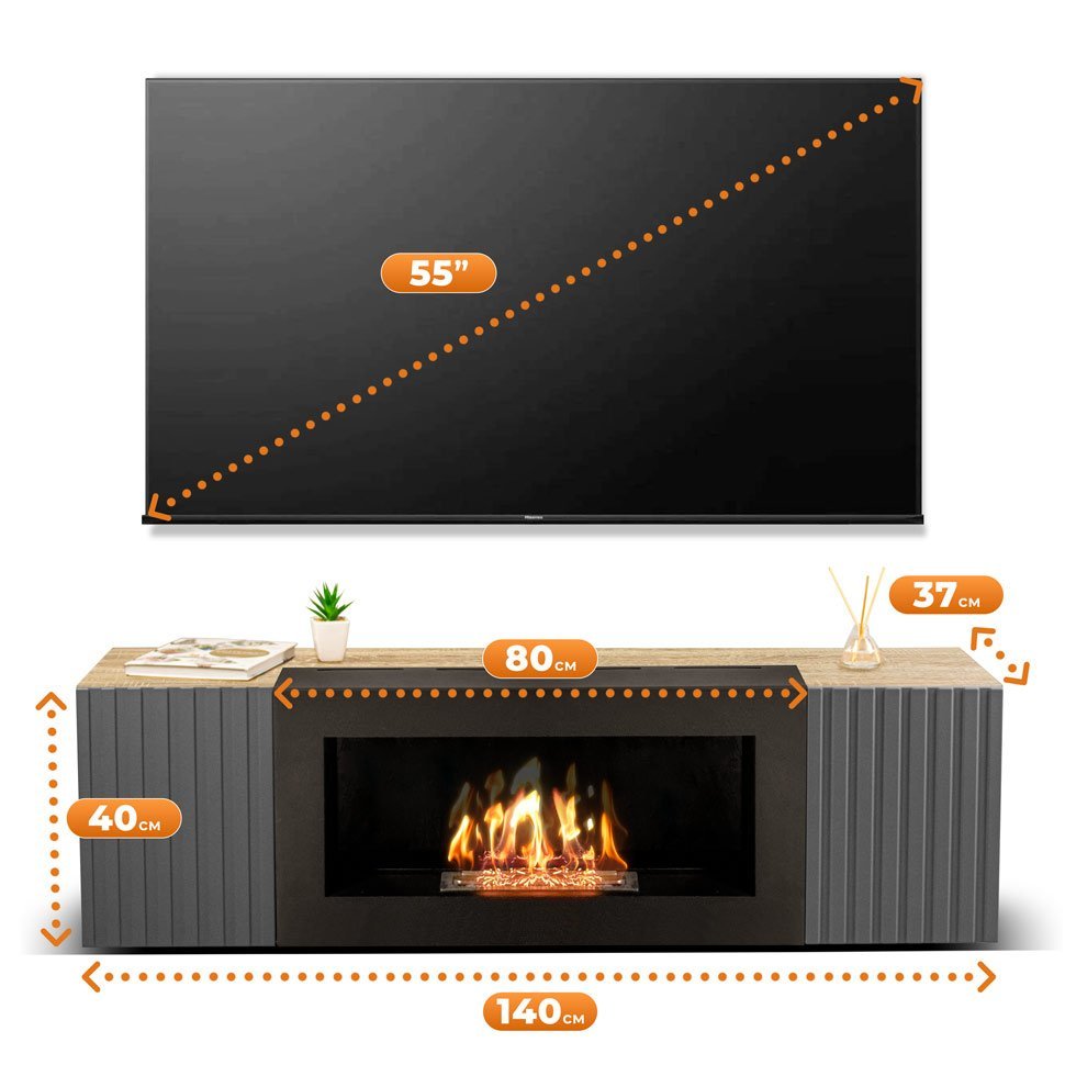 Тумба под ТВ с биокамином SteelHeat IMOLA IMPULSE 140 см (корпус дуб Сонома / фасады Гротто гранит) 