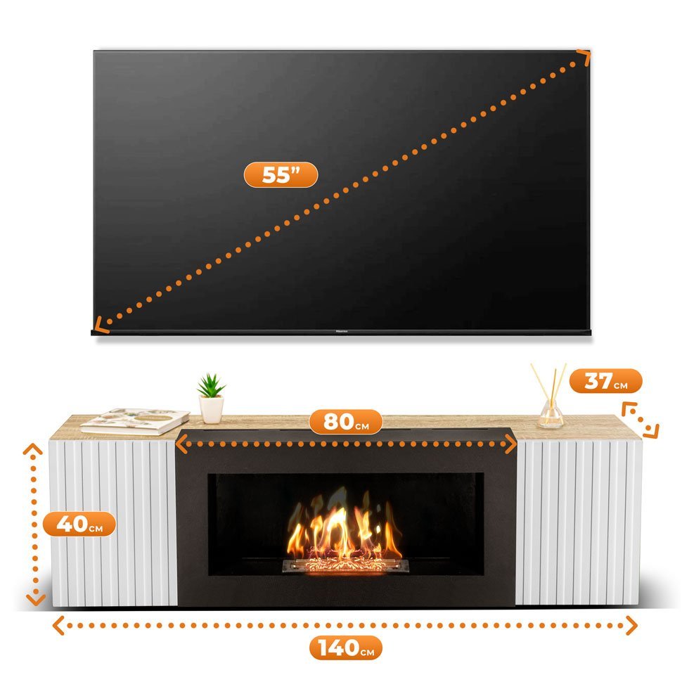 Тумба под ТВ с биокамином SteelHeat IMOLA IMPULSE 140 см (корпус дуб Сонома / фасады белые) 