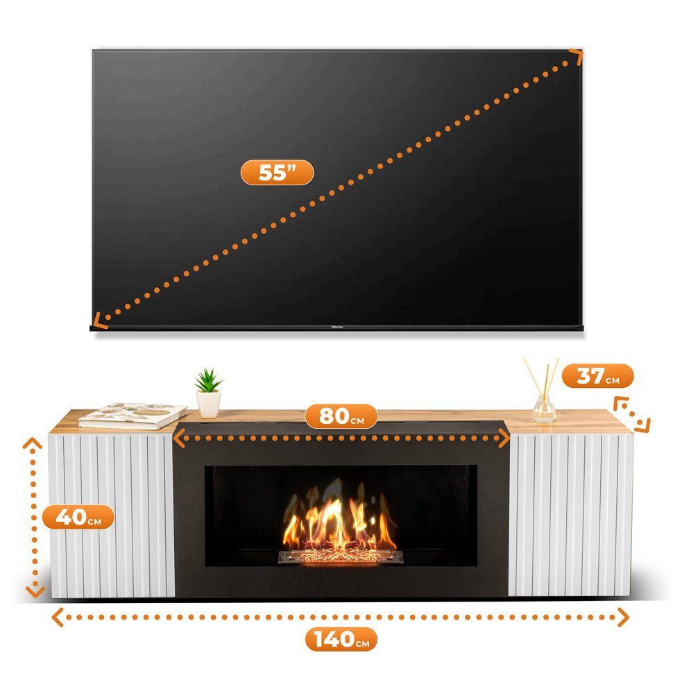 Тумба под ТВ с биокамином SteelHeat IMOLA IMPULSE 140 см (корпус дуб Вотан / фасады белый) 