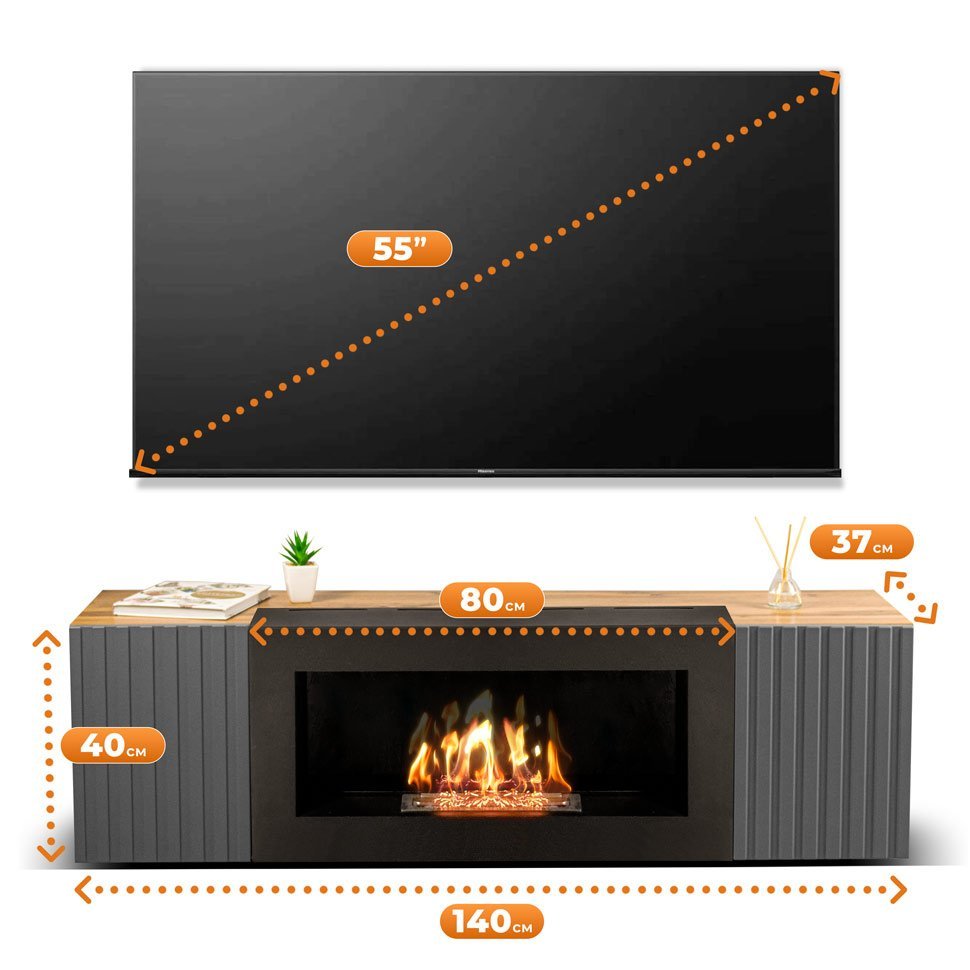 Тумба под ТВ с биокамином SteelHeat IMOLA IMPULSE 140 см (корпус дуб Вотан / фасады дуб Гротто Гранит) 