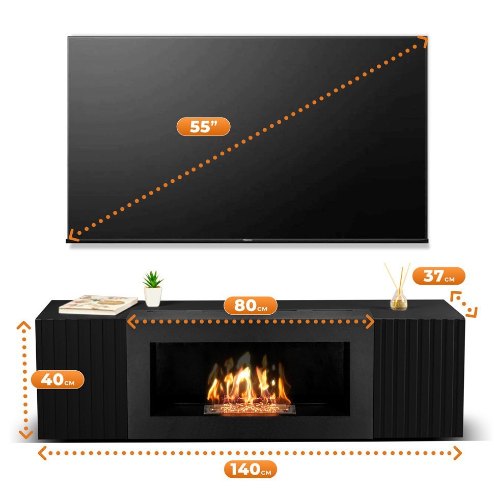 Тумба под ТВ с биокамином SteelHeat IMOLA IMPULSE 140 см (корпус черный / фасады черный) 