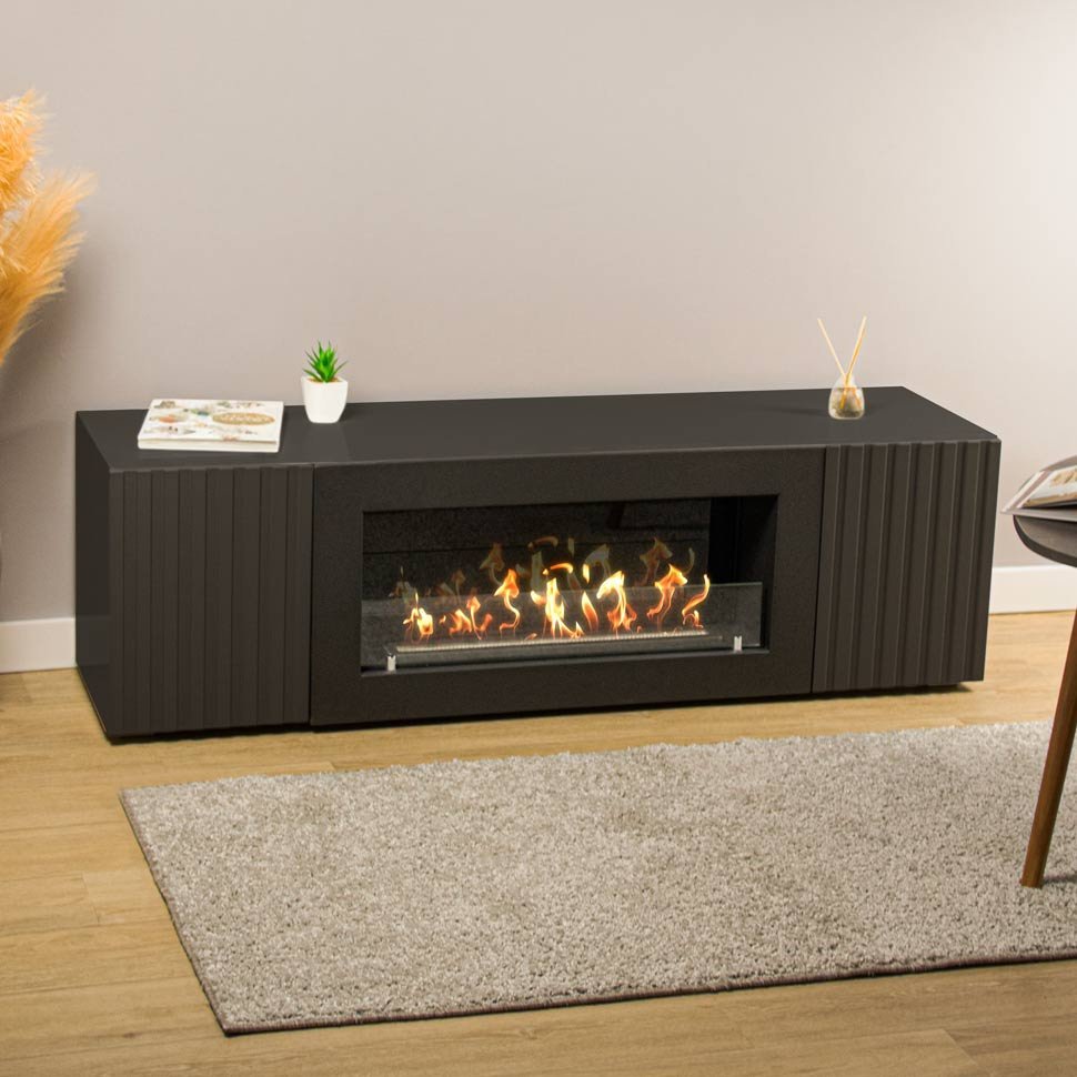 Тумба под ТВ с биокамином SteelHeat LIVORNO IMPULSE 140 см (корпус черный / фасады черный) 