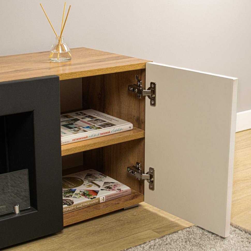 Тумба под ТВ с биокамином SteelHeat LIVORNO IMPULSE 140 см (корпус дуб Вотан / фасады белый) 