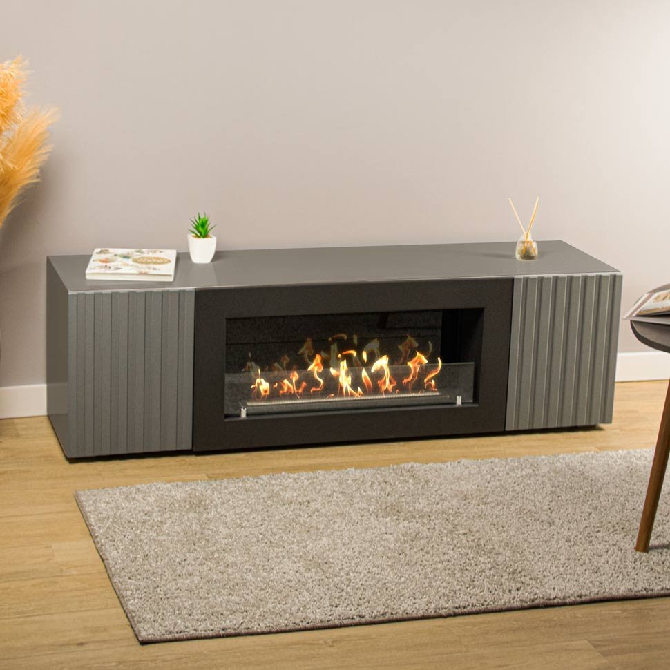 Тумба под ТВ с биокамином SteelHeat LIVORNO IMPULSE 140 см (корпус графит / фасады гротто гранит) 