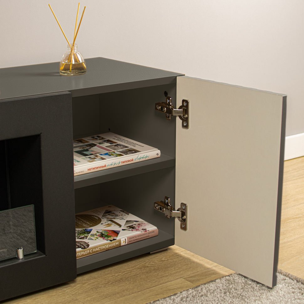 Тумба под ТВ с биокамином SteelHeat LIVORNO IMPULSE 140 см (корпус графит / фасады гротто гранит) 